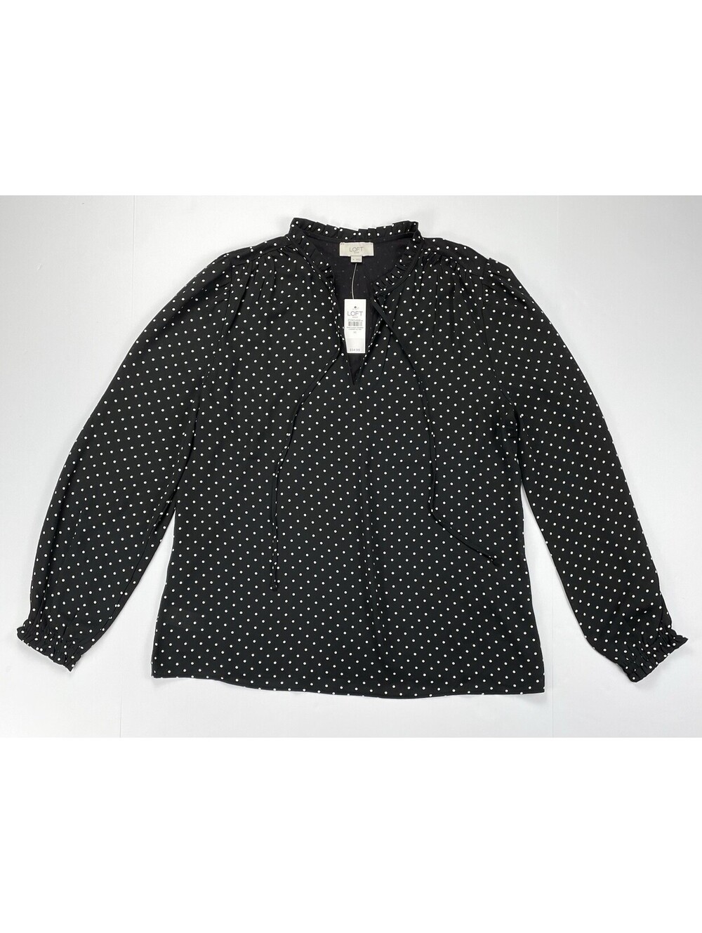 LOFT Black White Polka Dot Blouse M NWT Sheer Ruffle Tie Neck Long Sleeve